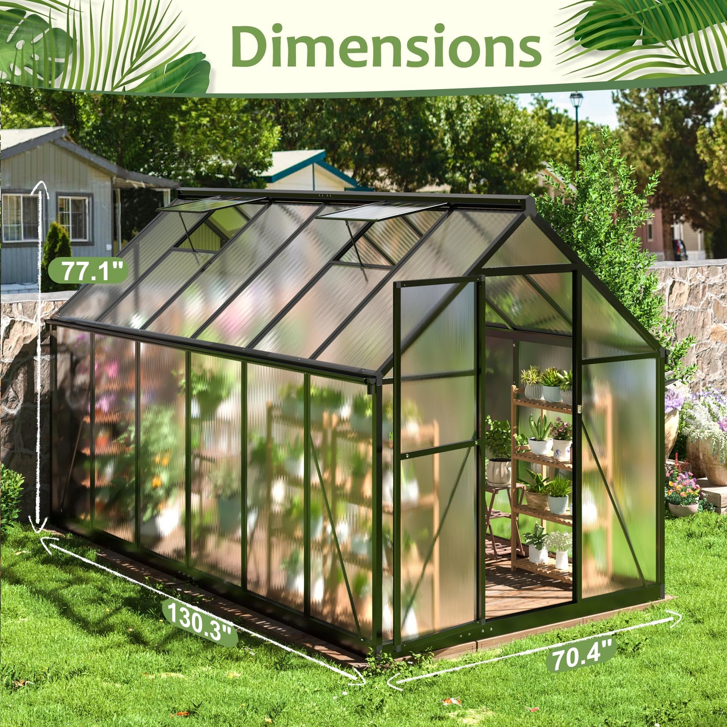 AirWire 6x10.86 FT Quick Setup Polycarbonate Greenhouse with Roof Vent, Large Heavy Duty Aluminum Walk-in Green House for Outdoor Garden Backyard Outsides, Black
