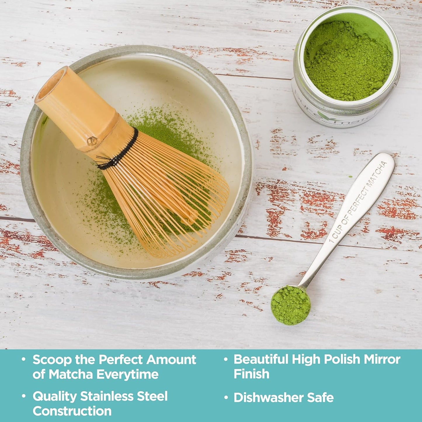 Matcha Measuring Spoon, Stainless Steel Scoop, 1/2 Teaspoon, Premium High Polish Finish, One Cup of Perfect Matcha