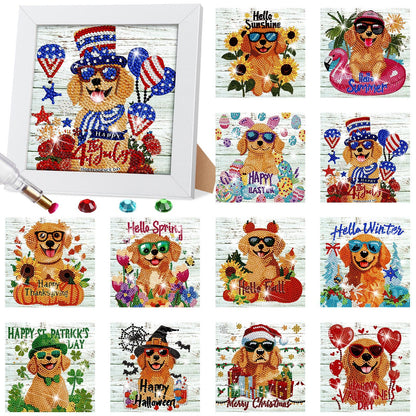 Trandraft 13 Pcs Interchangeable Holiday Diamond Art Kits for Adults 5D Framed Seasonal DIY Diamond Paint with Full Drill Gems for Beginner Monthly Table Craft Gift Decor (Dog Style)