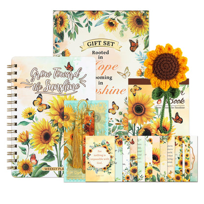 Sunflower Planner Gift Set for Women - 1 Sticker Book of 600+ Stickers, 1 Weekly Planner, 1 Crochet Keychain, 1 Metal Bookmark, 12 Prayer Cards, Gift for Women Men Teens Christian Birthday Mothers Day