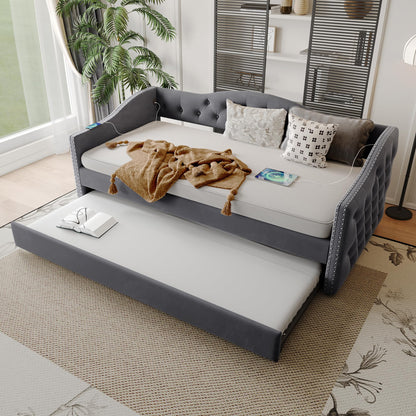 KEIKI Twin Size Daybed with Trundle and USB Charging, Upholstered Velvet Bed Frame with Storage, Captains Bed for Bedroom/Guestroom/Dorm, Gray