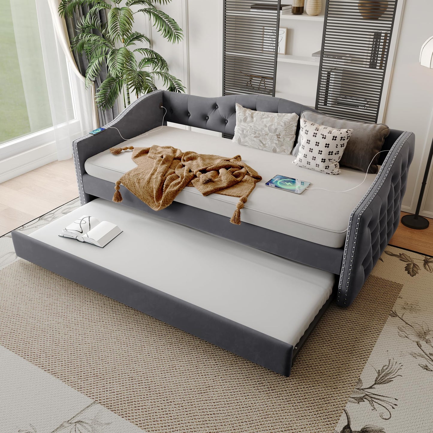 GDFStudio Twin Size Bed Frame with Trundle, Upholstered Twin Daybed with USB Charging Station, Diamond Tufted Velvet Sofa Bed, Wood Platform Twin Bed Frame with Solid Slat, No Box Spring Needed, Gray