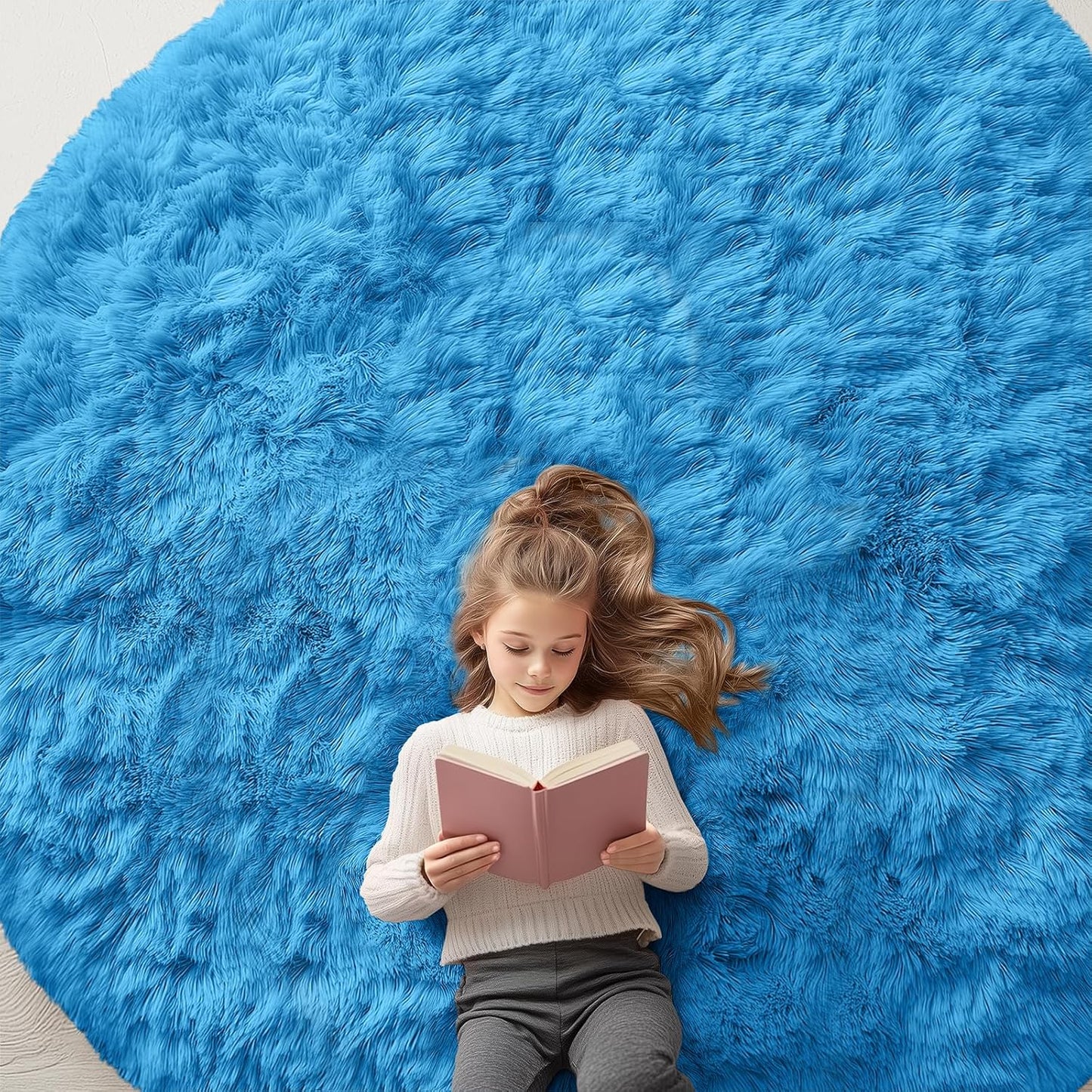 OLANLY Bright Blue Round Rug - Soft, Fluffy, Machine Washable 8 ft Circle Area Rug for Bedroom & Living Room Decor
