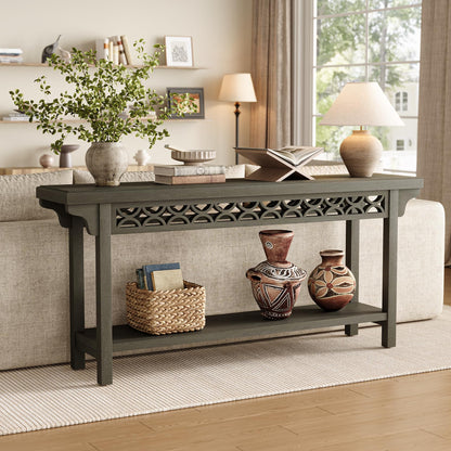 LITTLE TREE 70.87-Inch Long Console, Solid Wood Farmhouse Narrow Entryway Table with Shelf, Rustic Sofa Table for Living Room, Hallway, Dark Grey