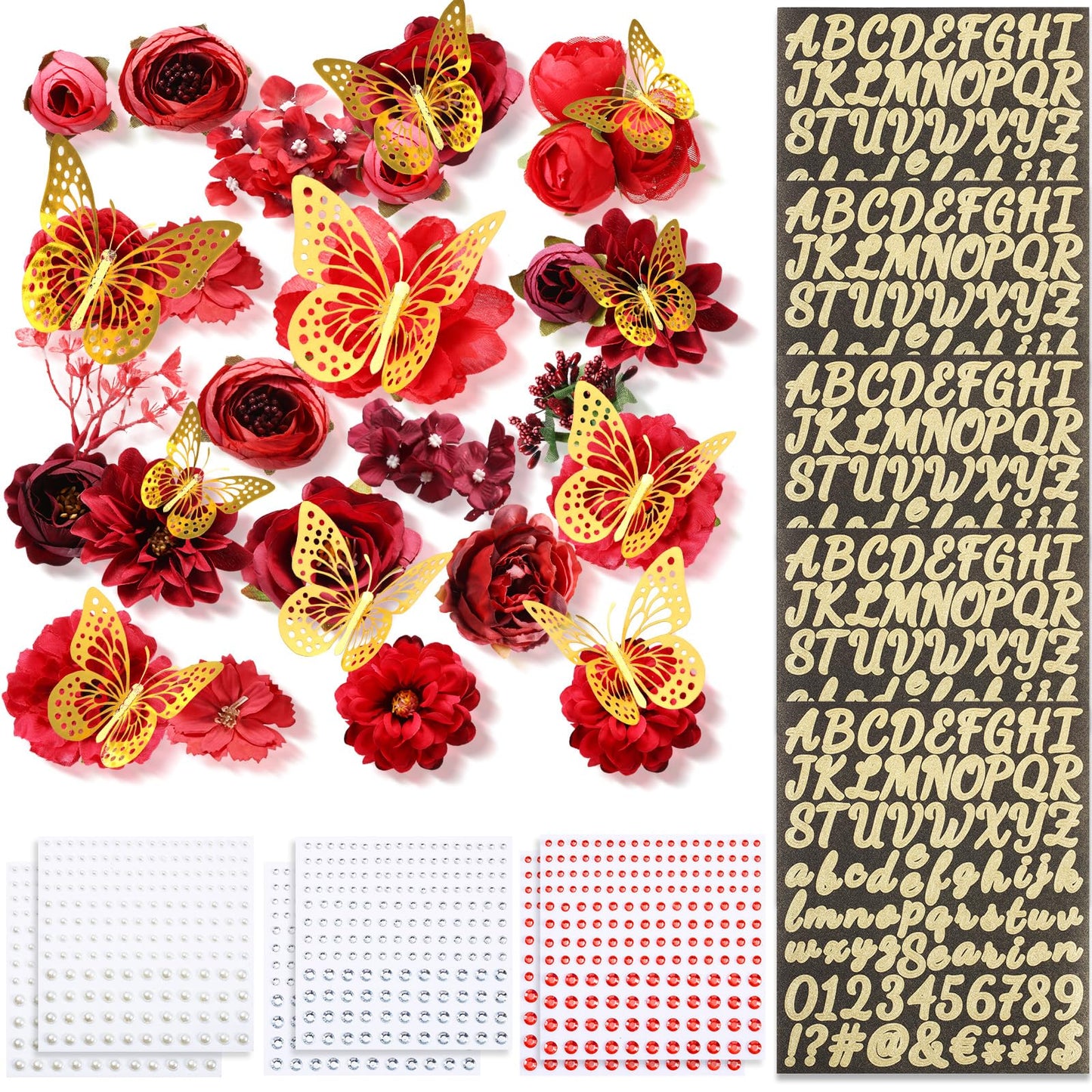 Hoteam DIY Graduation Cap Decorations Kit Included Faux Flowers 3D Butterfly Self Adhesive Rhinestones Glitter Alphabet Letter Stickers for 2026 Grad Cap Topper Party Gifts Decor(Red)