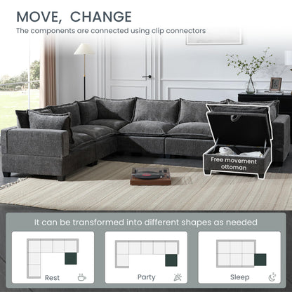 Merax Modern Oversized U-Shaped Sectional Sofa with Piollows & Chaise Lounge, Chenille 7-Seat Couch Set Sleeper Bed with Storage Ottoman for Living Room Gray