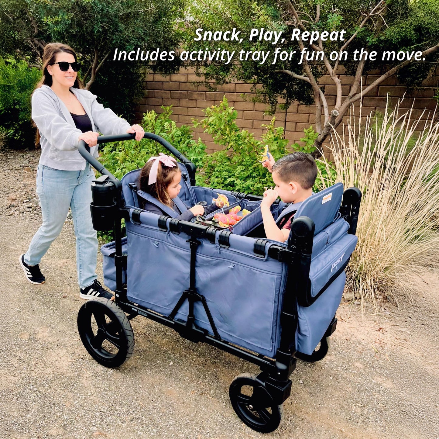 Keenz MOOV 4-Passenger All-Terrain Stroller Wagon with Reclining Seats, Built-in Cooler, Push/Pull Handle, Rubber Wheels, and Activity Tray – Foldable Wagon for Four Kids, Blue