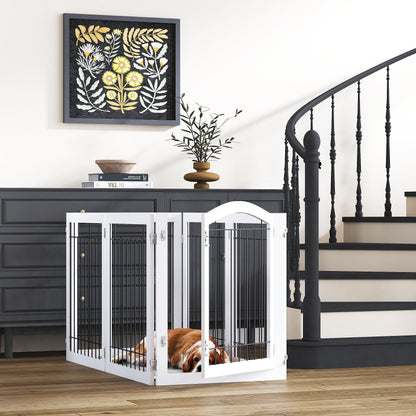 PAWLAND 144-inch Extra Wide 30-inches Tall Dog gate with Door Walk Through, Freestanding Wire Pet Gate for The House, Doorway, Stairs, Pet Puppy Safety Fence, Support Feet Included, White,6 Panels