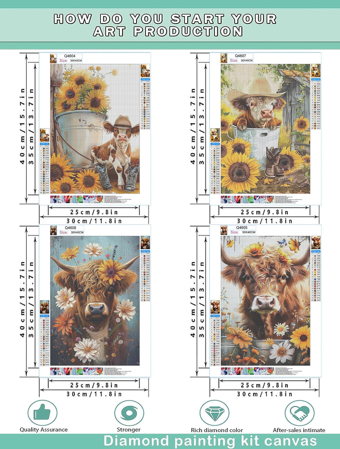 EWJRNSF 5D Diamond Painting Kits for Adults Beginners, Diamond Arts Kits Diamond Art Sets,Gem Painting Arts & Crafts Home Wall Decoration 11.8x15.7 Inches 4 Pack Highland Cow