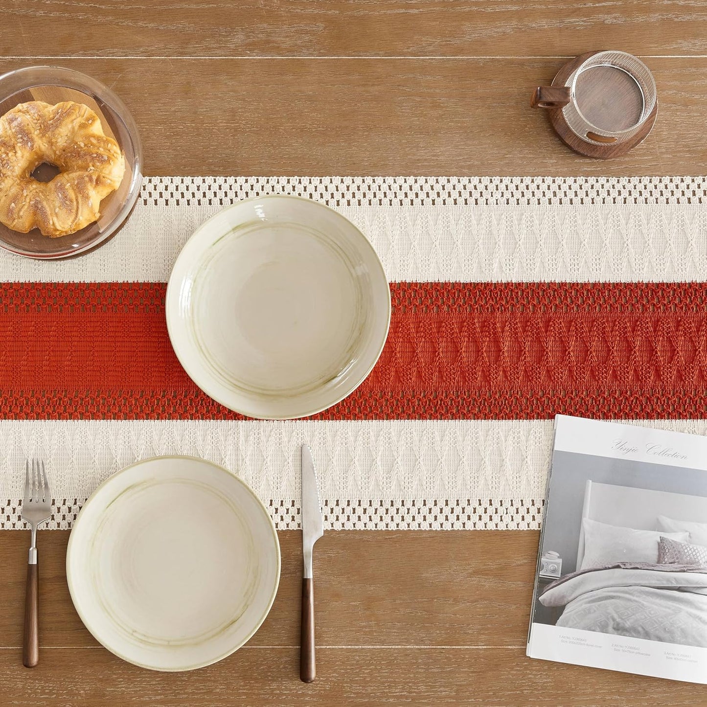 14 90 Inch 90 Inches ZeeMart Macrame Style Bicolor Stitching Table Runner, x Orange/Ivory, Boho Burnt Orange Fall Table