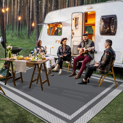 HappyTrends Outdoor Rug Reversible Portable Plastic Straw Camping Rugs for Outside RV,Large Waterproof Outdoor Area Rugs for Patio,Deck,Porch,Balcony(5'x 8',White&Gray)
