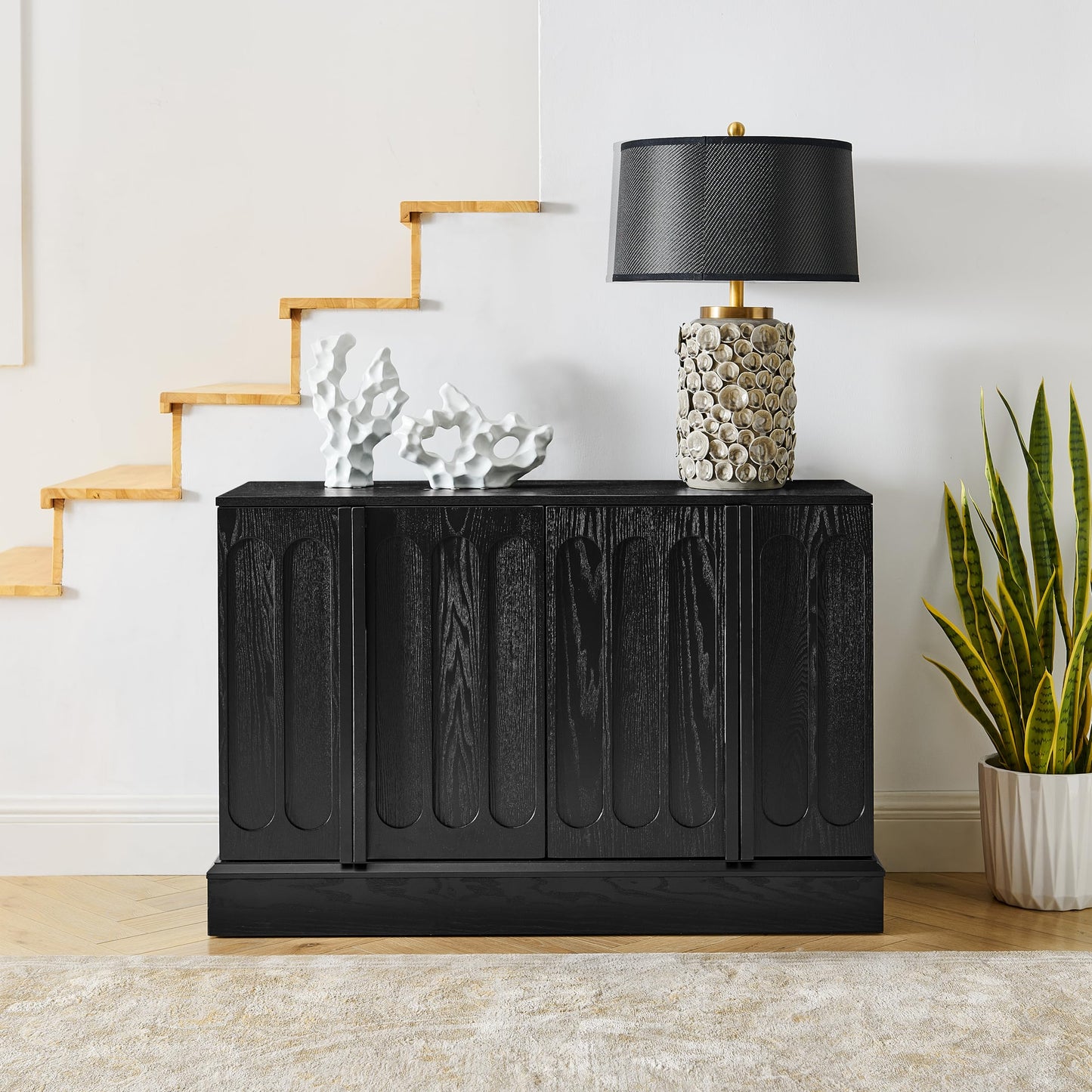 KEIKI Wood Sideboard Buffet Cabinet with Storage, 4 Door Farmhouse Cupboard w/Adjustable Shelves, Console Table for Kitchen, Dining/Living Room, Black