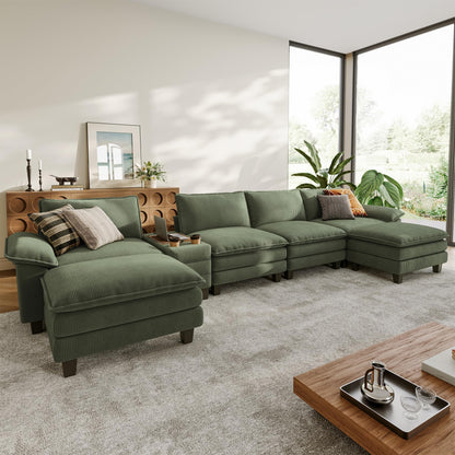 LINSY HOME Modular Sectional Sofa for Living Room, Corduroy Cloud Couch with Storage Console, USB Charging, Cup Holders, Comfy Modern Modular Cloud Couches with Movable Ottoman (Green)