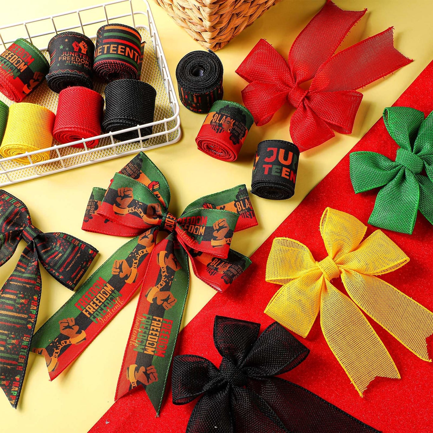 Vincreem 12 Rolls 60 Yards Juneteenth Ribbons Wired Edge Fabric Ribbons Craft Assortment Themed Juneteenth Freedom Day Pattern Wrapping Crafts for DIY Gift Hair Sewing Wreath, 12 Styles
