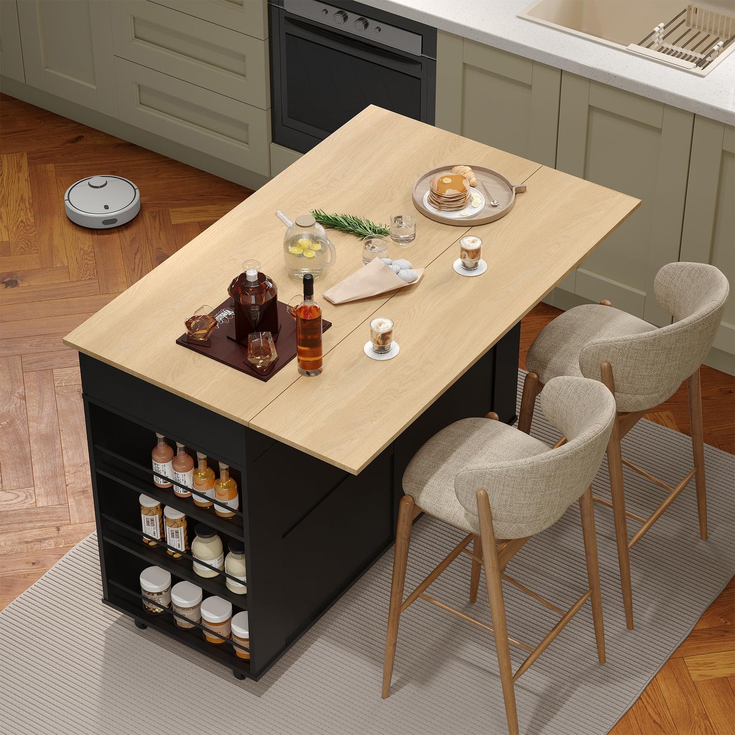 GarveeHome Rolling Kitchen Island with Drop Leaf Countertop, Charging Station & Ample Storage - 47.2 in Mobile Kitchen Cart On Wheels with Pull-Out Shelves, Drawers, Spice Rack & Organizer Divider