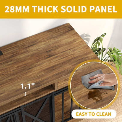 DWVO 63 Inch Double Dog Crate Furniture for 2 Dogs, Heavy Duty Wooden Dog Crate TV Stand with Charging Station, Dog Kennel Indoor Furniture Double Sliding Barn Door Design Ideal for 2 Dogs, Oak