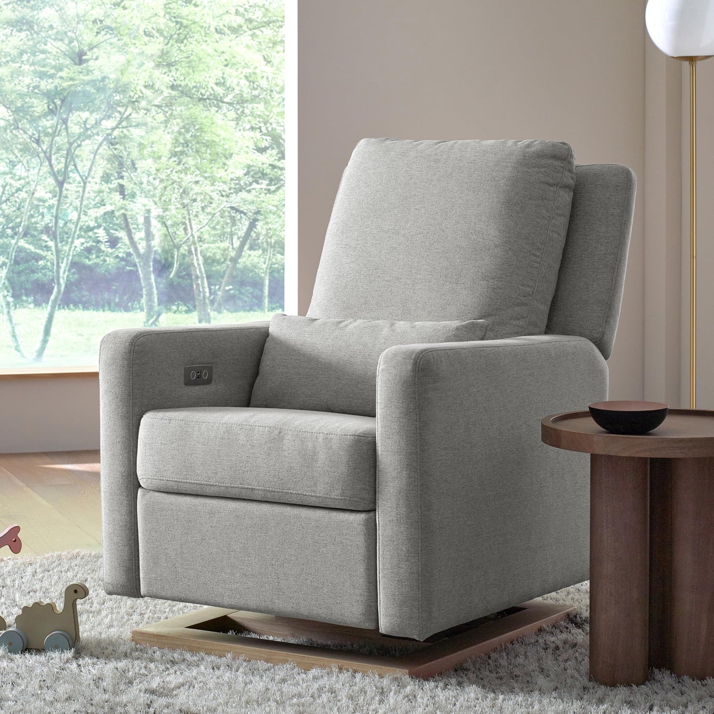 Babyletto Sigi Electronic Power Recliner & Swivel Glider with USB Port in Performance Gray Eco-Weave with Light Wood Base, Water Repellent & Stain Resistant, Greenguard Gold and CertiPUR-US Certified