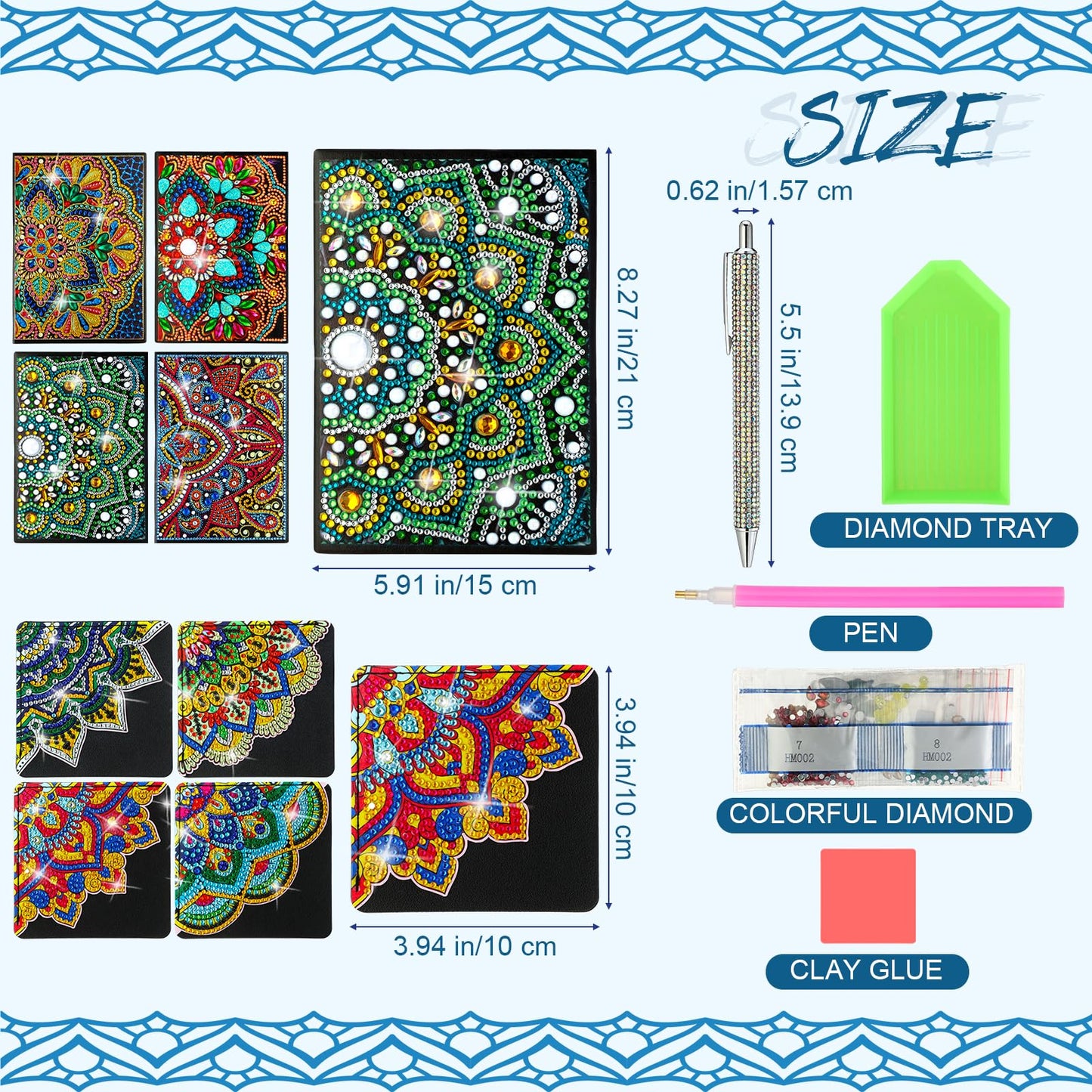 Skyygemm 16 Pcs Diamond Painting Kits for Women 5d Mandala Diamond Painting Notebook Art Bookmarks Rhinestone Pen and Organza Bags with Tools DIY Gem Dots Crafts for Adults Sketchbook Supplies