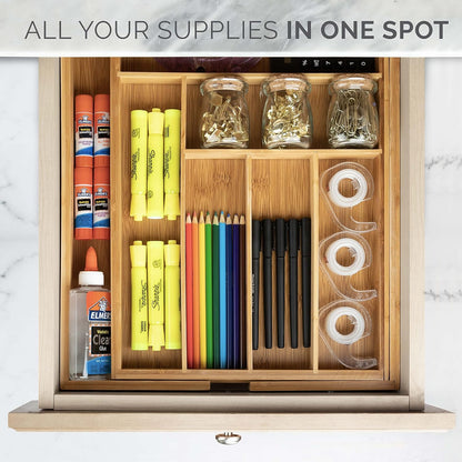 Masirs Expandable Bamboo Kitchen Drawer Organizer - Durable Construction, Ideal for Silverware, Utensils, and Office