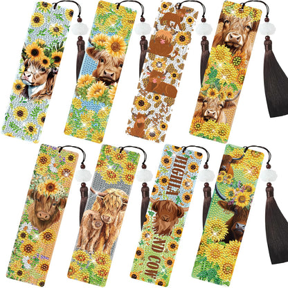 INCOK Diamond Painting Bookmarks Set - 8PCS Highland Cow 5D Diamond Art Bookmarks Kit with Tassel Sunflower Bookmarks Set for Highland Cow Lover Office Useful Project DIY Crafts Gifts Teacher