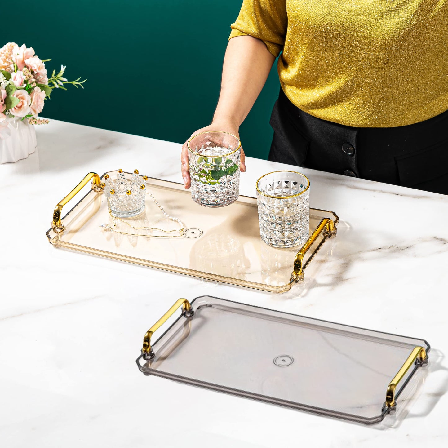Waltsun Acrylic Serving Tray with Handles Ottoman Countertop Decorative Tray Serving Tray Spill-Proof Tray for Coffee Table Living Room Bedroom16 x 9 x 0.8 inches (Amber)