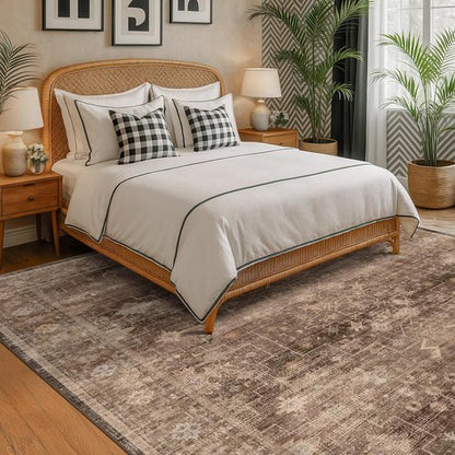 Hazo Haus Boho Taupe Living Room Rug - Vintage Traditional Oriental Design | Washable 7x10 Non-Slip Area Rug