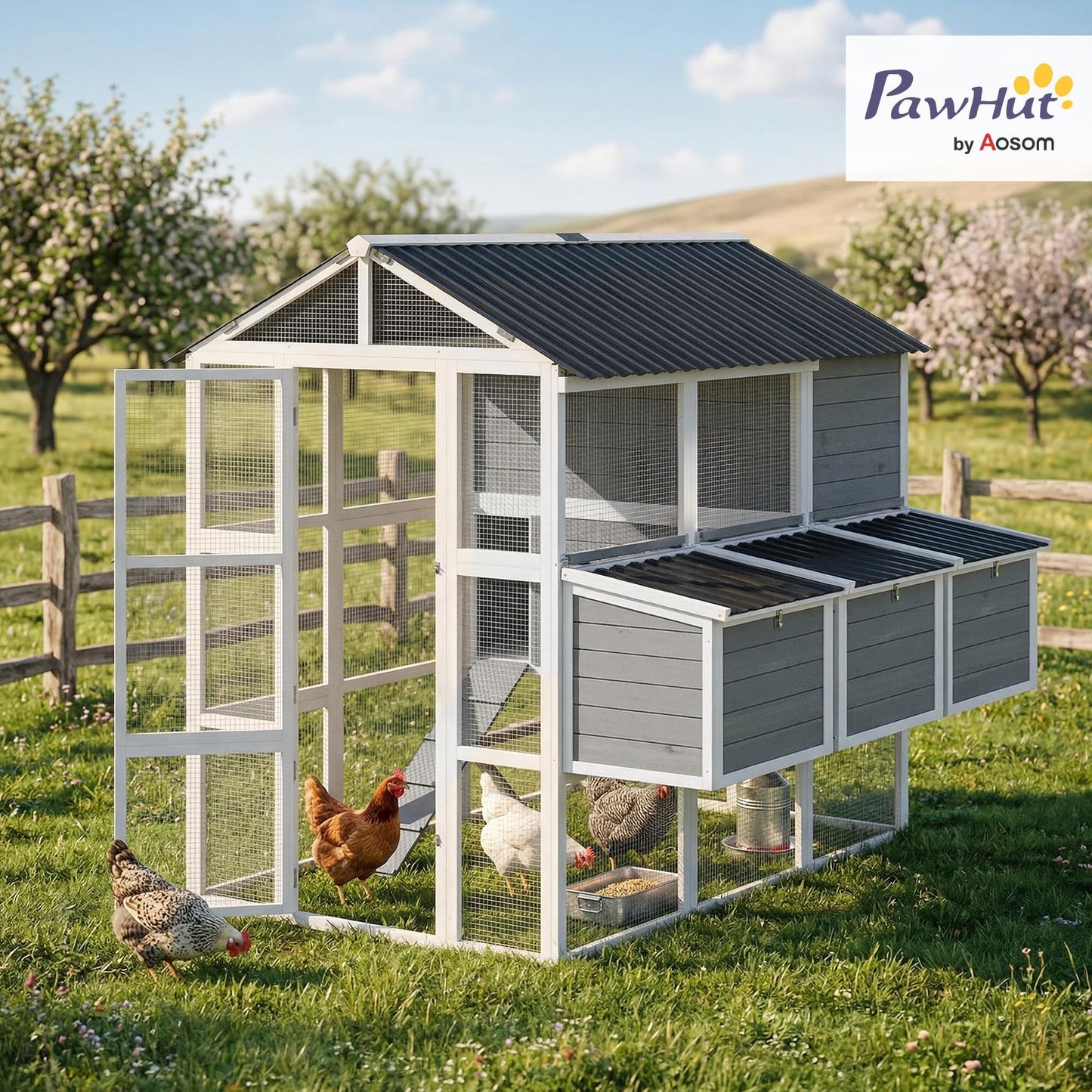 PawHut 77" Large Chicken Coop for 6-8 Chickens, Outdoor Wooden Hen House Poultry Cage with Run, 3 Nesting Boxes, Waterproof Roof, Removable Tray, Ramp for Farm Backyard, Gray