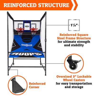 Hall of Games Premium Arcade Cage Basketball Game with Steel Frame and Polycarbonate Backboard, Dual Shot LED Scoring with 6 Size 8.5 Inch Basketballs