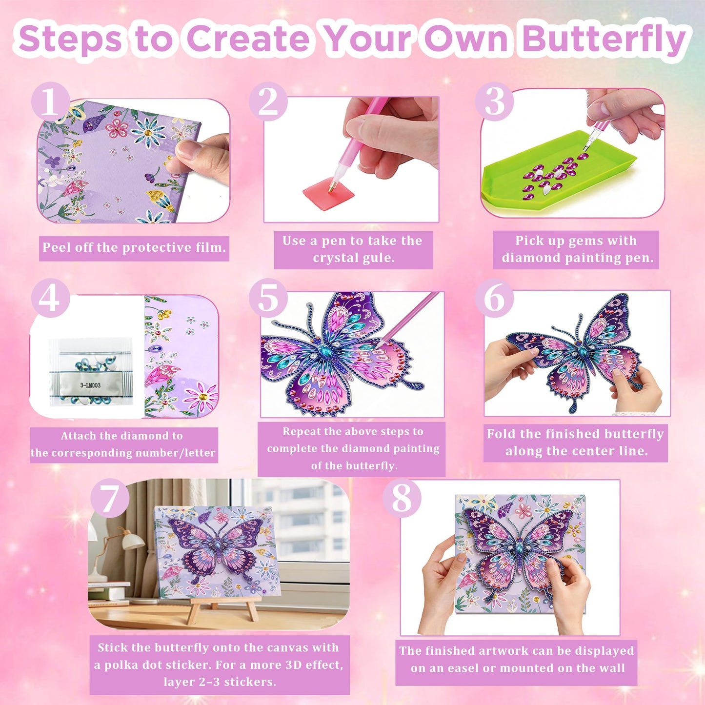 ZEHYRNE Arts and Crafts for Kids, Sparkling 3D Butterfly Diamond Art Kits for Girls 8-12 6-8, DIY Gem Art as Children's Day & Birthday Gift丨Bedroom Decoration with Wooden Stand (Purple)