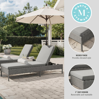 Martha Stewart Bedford Indoor-Outdoor Patio Chaise Lounge Chair with Adjustable Back and Rattan Wicker Finish in Gray with Gray All-Weather Cushions
