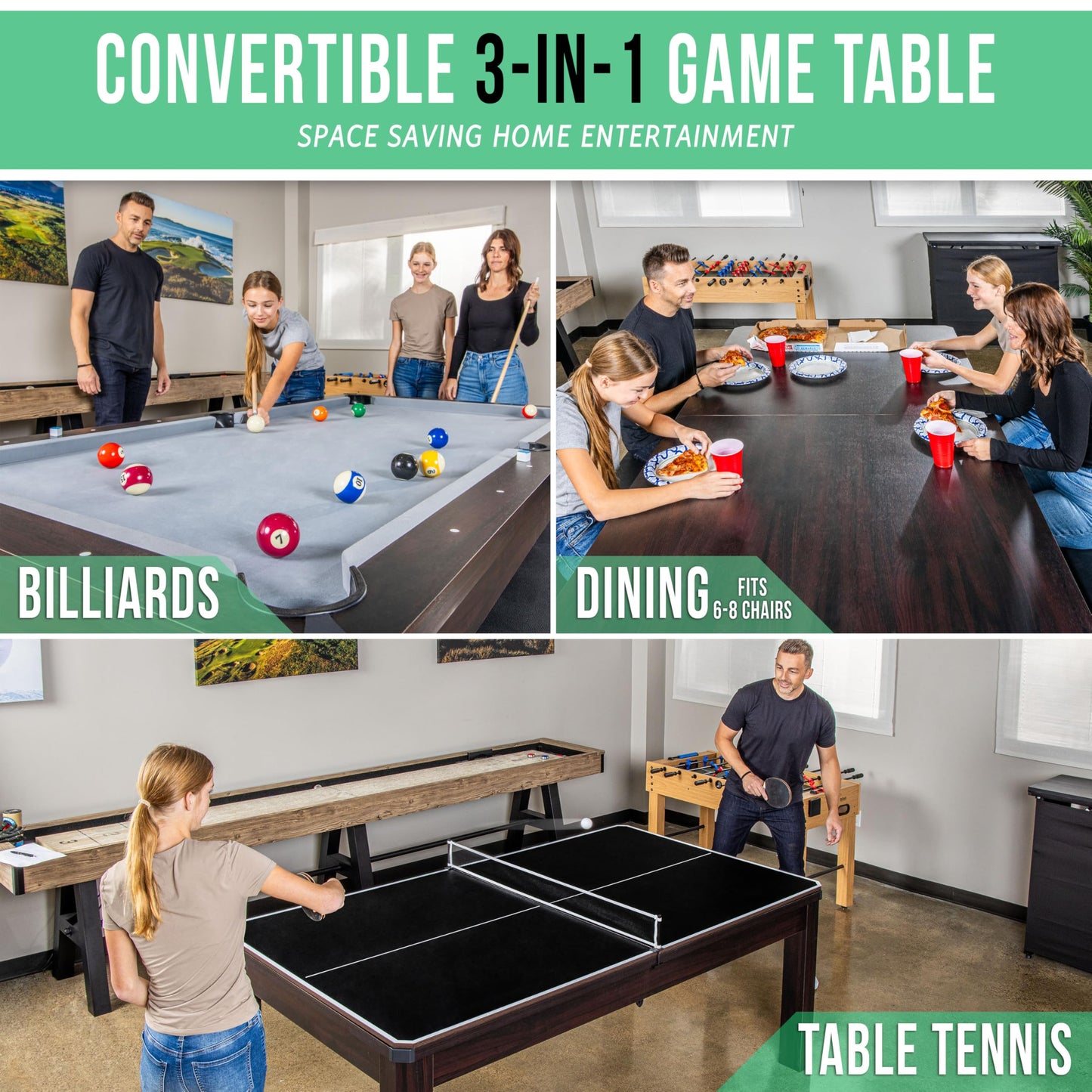 GoSports 7 ft 3 in 1 Pool, Dining, & Table Tennis Combo Table - Convertible Top Game Table with Billiards and Table Tennis Accessories