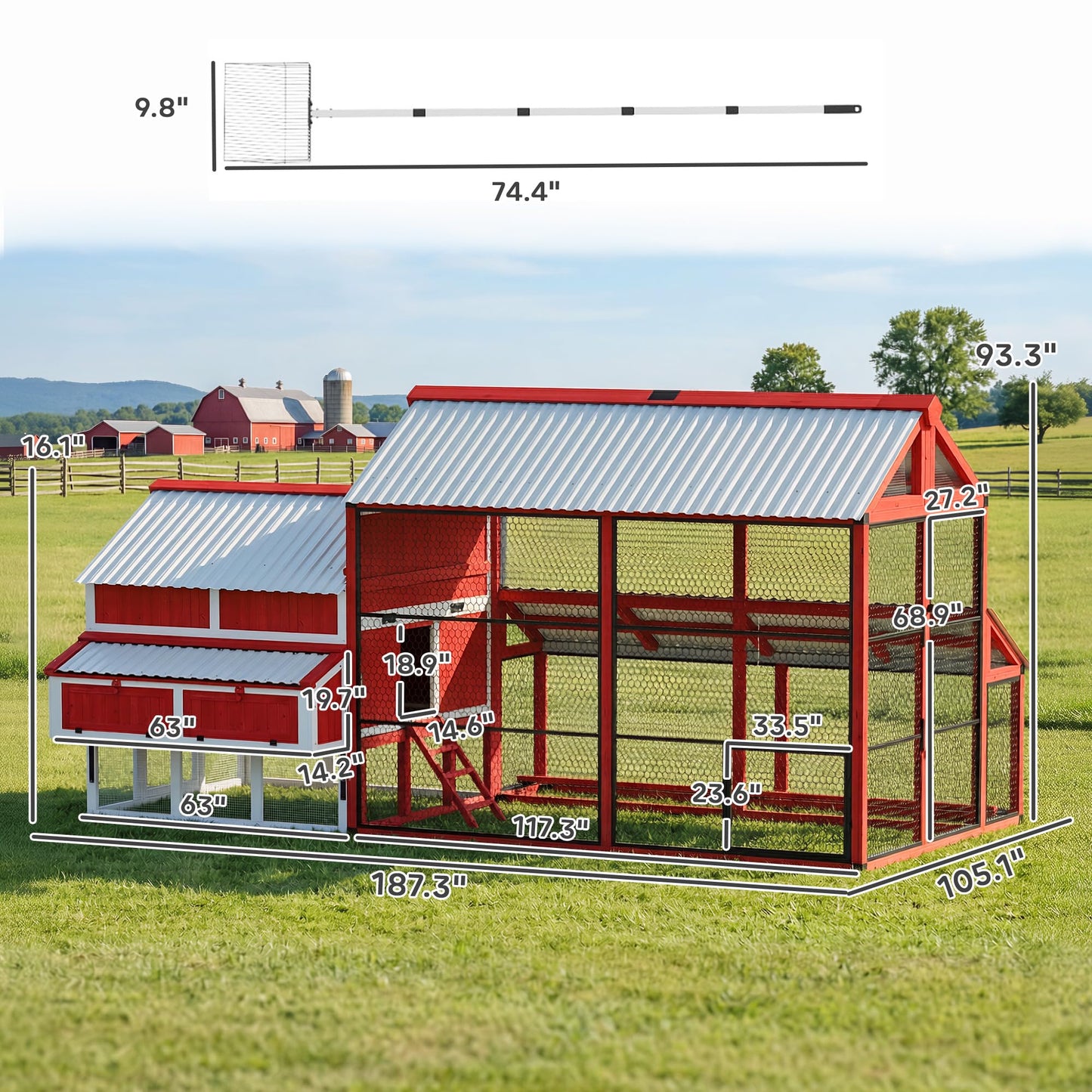 PawHut 187.3" Large Chicken Coop, Walk-in Wooden Hen House, Outdoor Poultry Cage w/Shovel, Run, Waterproof Roof, Nesting Box, Perches, Chicken House for 10-15 Hens, Rabbits, Ducks, for Farm Backyard