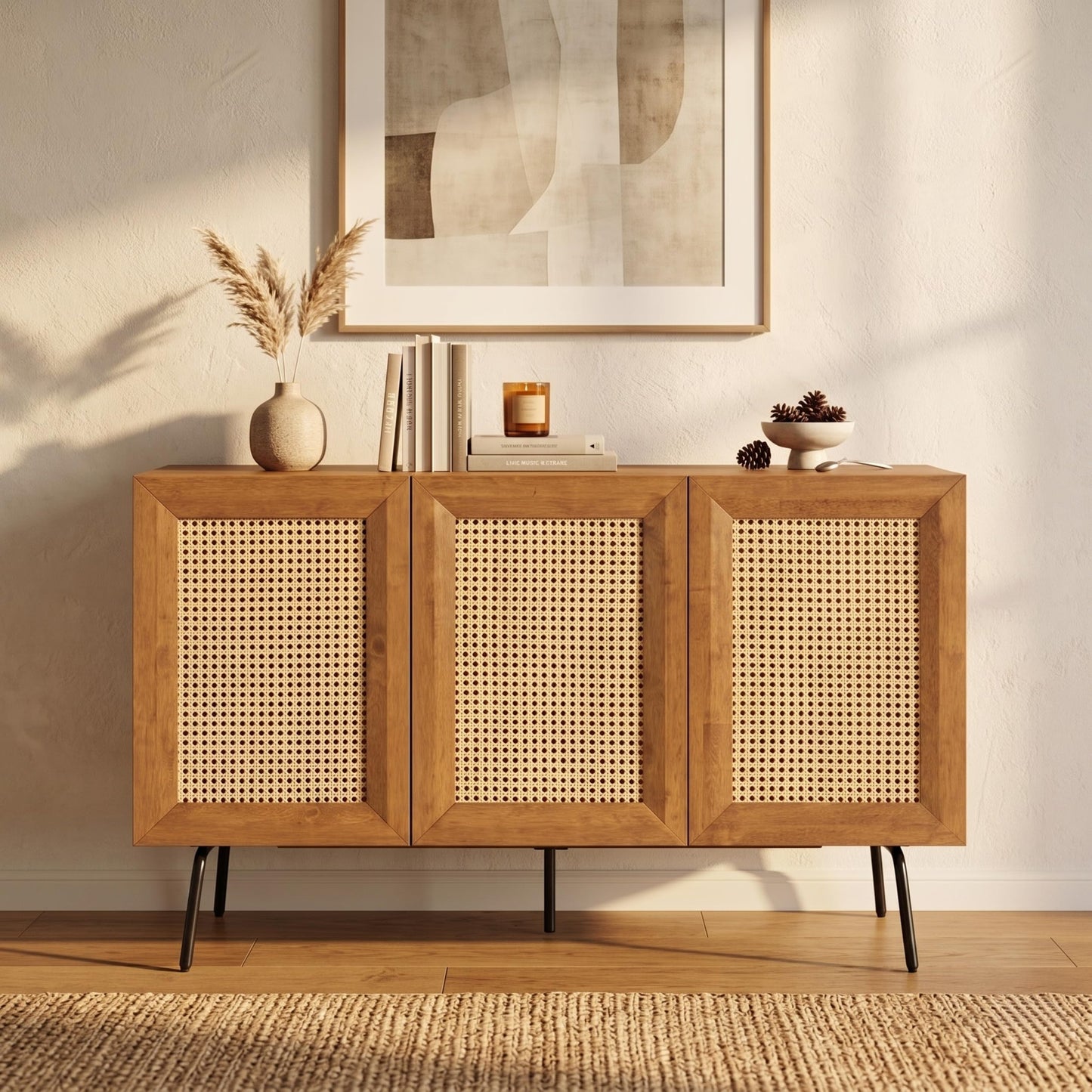 NTC MOSSIC Modern Sideboard with 3 Doors, Natural Rattan Storage Cabinet, Buffet with Metal Legs, Boho Accent Cabinet for Living Room, and Entryway, Effortless Assembly, Teak Look