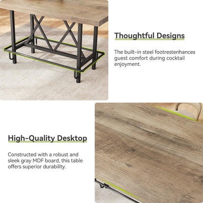 LITTLE TREE 63-Inch Industrial Bar Table with Metal Footrest, Counter Height Pub Table for Kitchen, Home Bar & Entertaining (Rustic Gray)