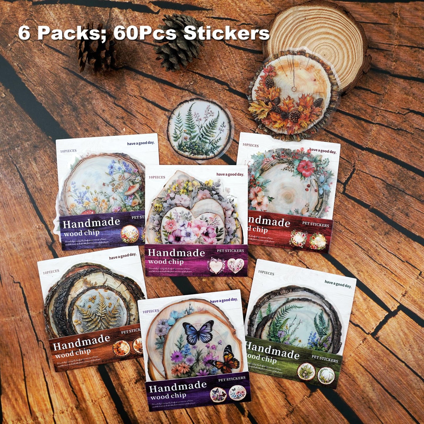 MiyouLuna 60 PCS Nature PET Stickers, Faux Wood Slice Botanical Stickers with Mushrooms, Flowers, and Butterflies for Scrapbooking, Journaling, and DIY Crafts