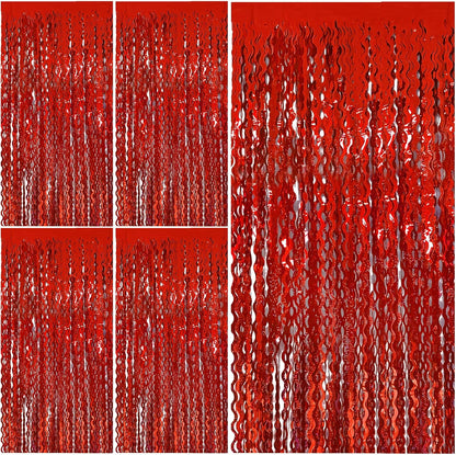 Red Tinsel Foil Fringe Curtains - Sparkling Wavy Backdrop for Parties & Events | Photo Booth Decor