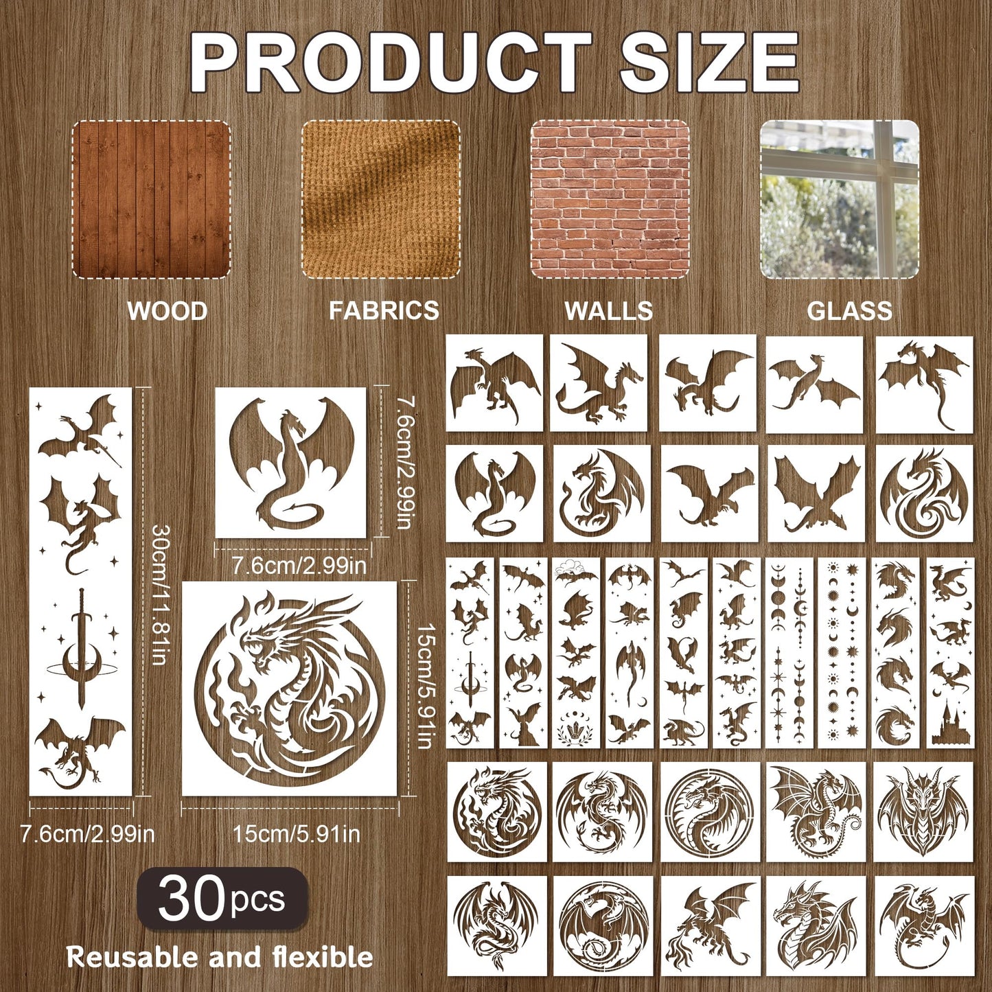 Keluna Dragon Stencils for Painting - 30 Pcs Reusable Pterosaur Moon Star Crafts Templates Dragon Themed Stencils for Painting onWood Wall DIY Art Craft Canvas Fabric Home Décor