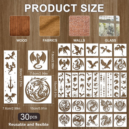 Keluna Dragon Stencils for Painting - 30 Pcs Reusable Pterosaur Moon Star Crafts Templates Dragon Themed Stencils for Painting onWood Wall DIY Art Craft Canvas Fabric Home Décor