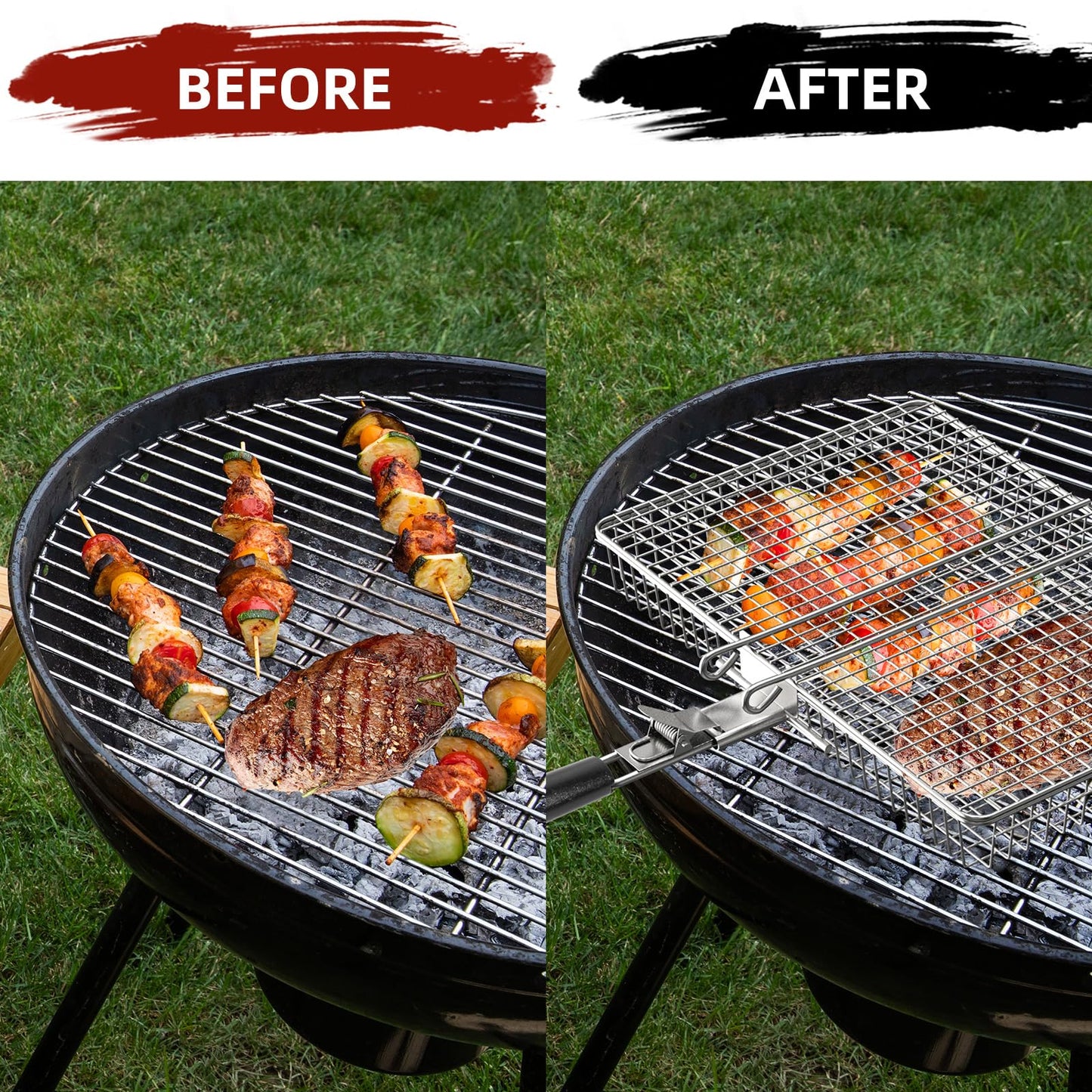 CEBERVICE Grill Basket Extra Large, SUS304 Stainless Steel, Portable Folding BBQ Camping Grilling Rack for Fish, Vegetables, Shrimp, Barbeque Griller Cooking Accessories, Grilling Gifts for Men, Dad