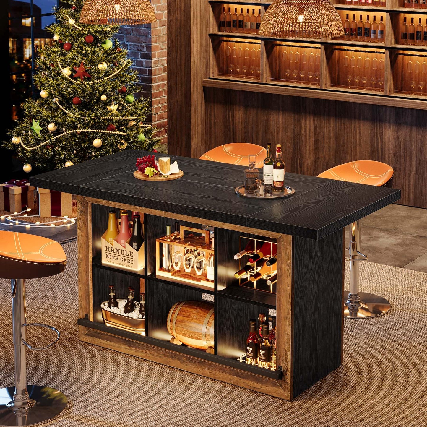 Tribesigns Bar Table with Storage, 62.6" Rectangular Home Bar Cabinet Unit with 6 Spacious Cubbies and Metal Footrests, Large Counter Height Pub Table for Home Kitchen, Dining Room, Brown & Black