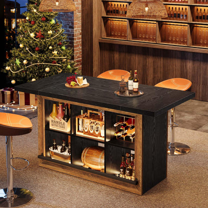 Tribesigns Bar Table with Storage, 62.6" Rectangular Home Bar Cabinet Unit with 6 Spacious Cubbies and Metal Footrests, Large Counter Height Pub Table for Home Kitchen, Dining Room, Brown & Black