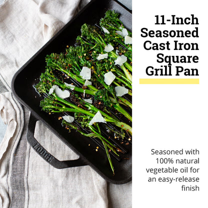 Lodge 11" Cast Iron Square Grill Pan - Chef Collection - Pre-Seasoned Cast Iron Pan - Versatile Cooking - Indoor & Outdoor Use - Incredible Heat Retention