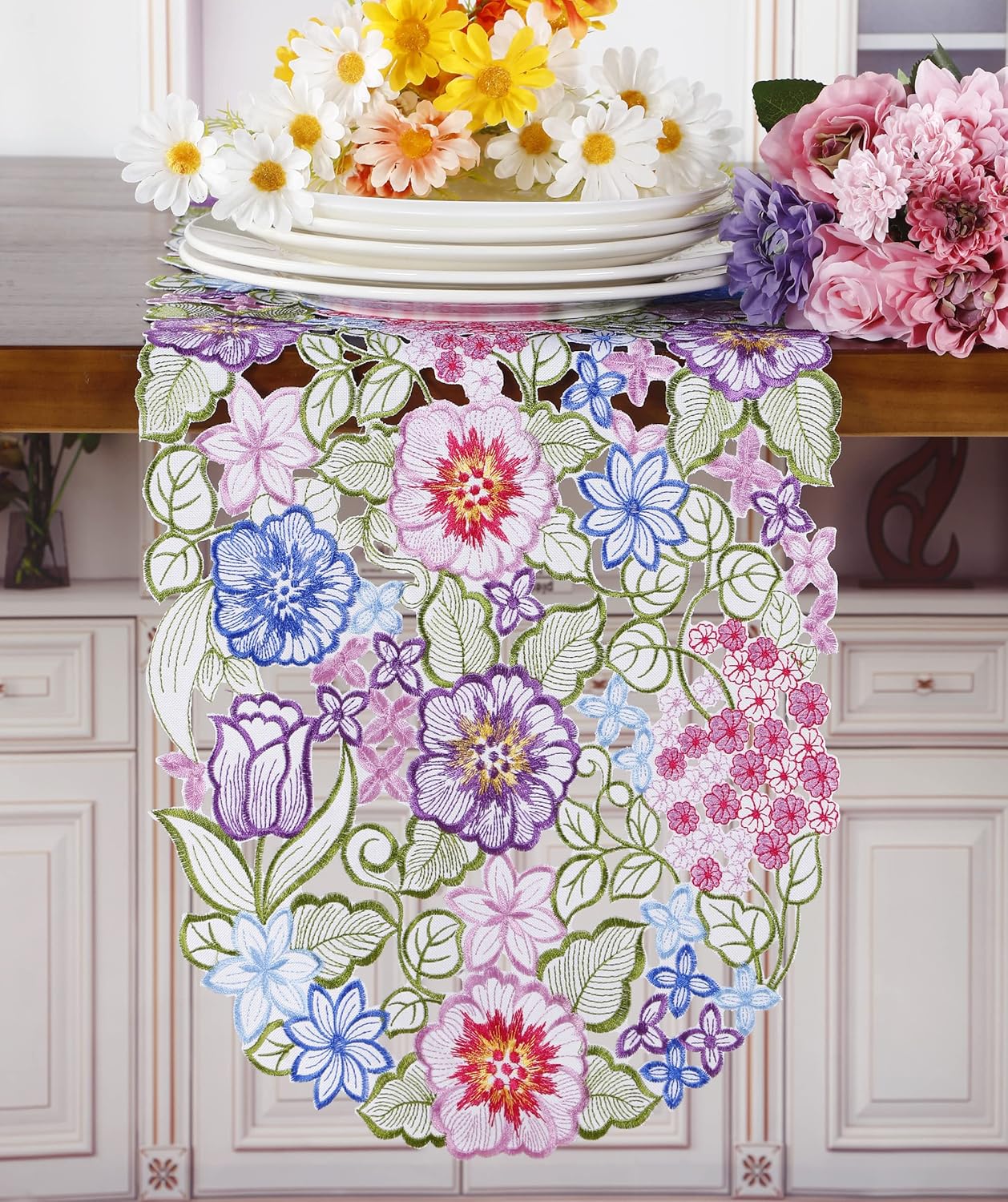 Flowery Table Runner 13"×54", Cutwork Embroidered Floral Dresser Scarf for Home Kitchen Dining