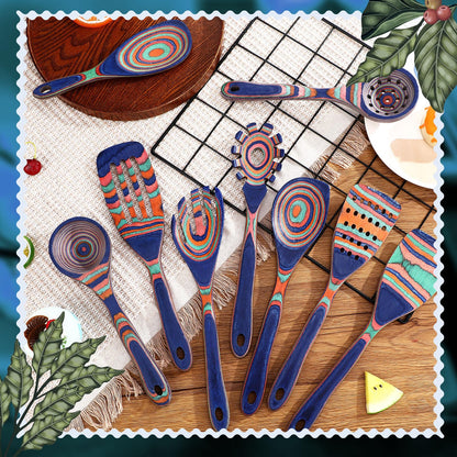 Teenyyou 9 Pcs Blue Rainbow Pakkawood Kitchen Utensils Wooden Spoons for Cooking Pakkawood Soup Ladle Deep Spoons Set Wood Non Stick Utensils with Long Handle for Kitchen Household Womnn Gifts Tools