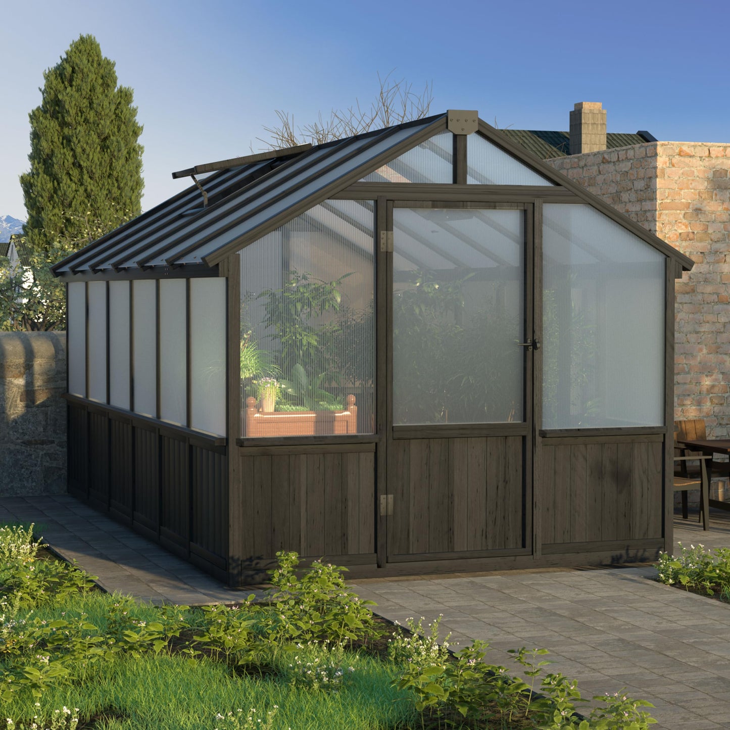 MUPATER 8' x 12' Outdoor Walk-in Greenhouse for Backyard, Wooden Polycarbonate Greenhouse with Lockable Door and Ventilated Window, Heavy Duty Green House with UV Protection & Heat Insulation, Black