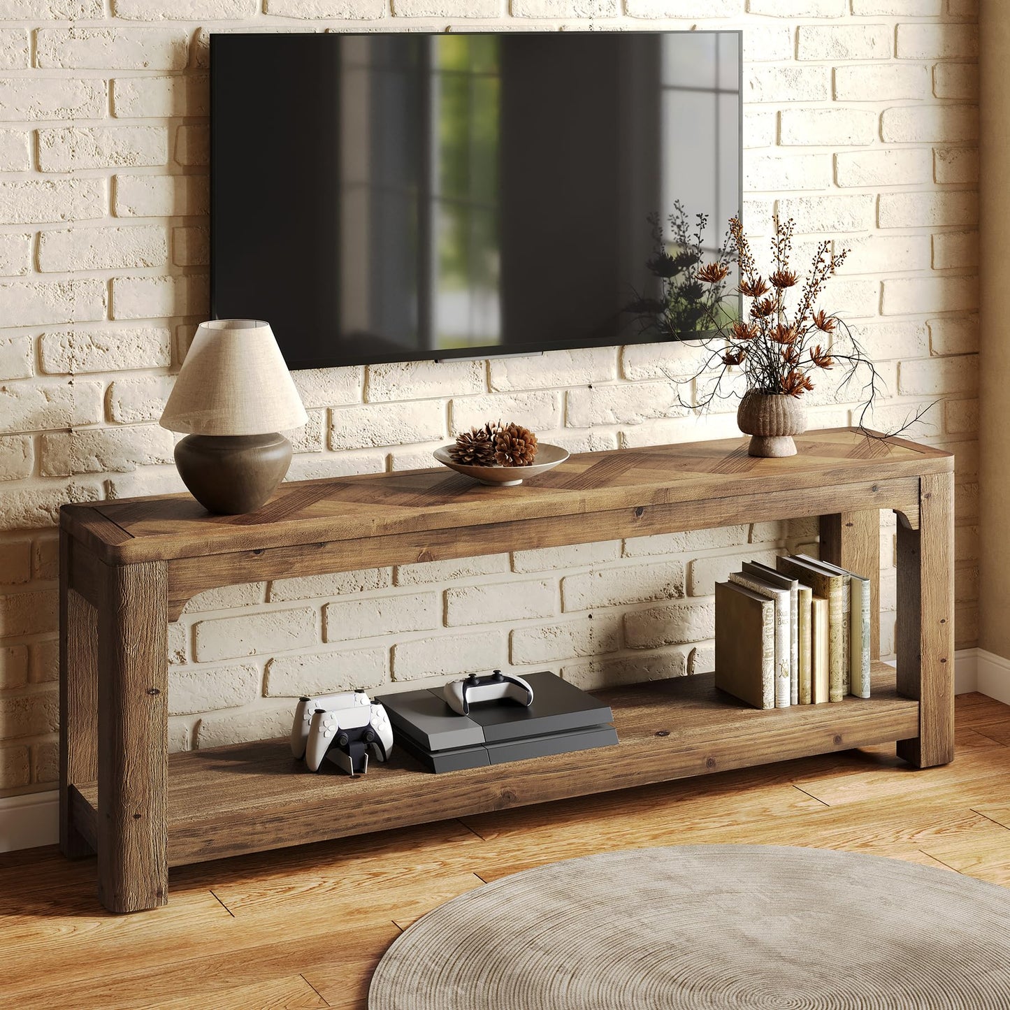 LITTLE TREE Solid Wood TV Stand with Open Storage Shelves, Farmhouse TV Stand for 65-Inch TV, Mid Century Modern TV Stand for Living Room, Bedroom - 63" Rustic Brown