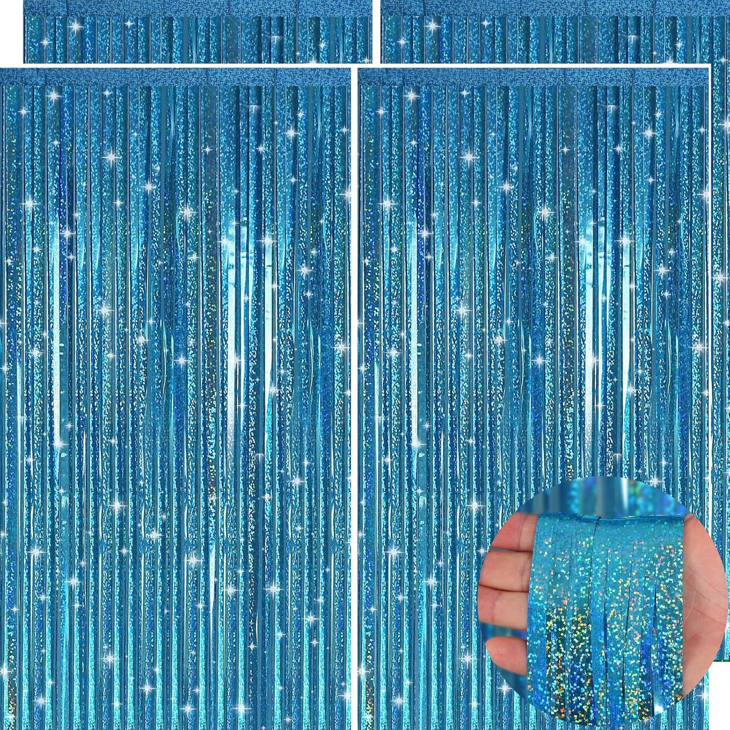 Picoway Blue Laser Foil Fringe Tinsel Backdrop Curtains - 4 Pack Ocean Themed Party Decor | Perfect for Birthdays, Engagements, and Showers