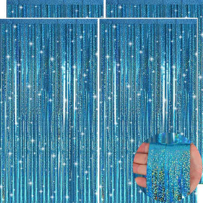 Picoway Blue Laser Foil Fringe Tinsel Backdrop Curtains - 4 Pack Ocean Themed Party Decor | Perfect for Birthdays, Engagements, and Showers