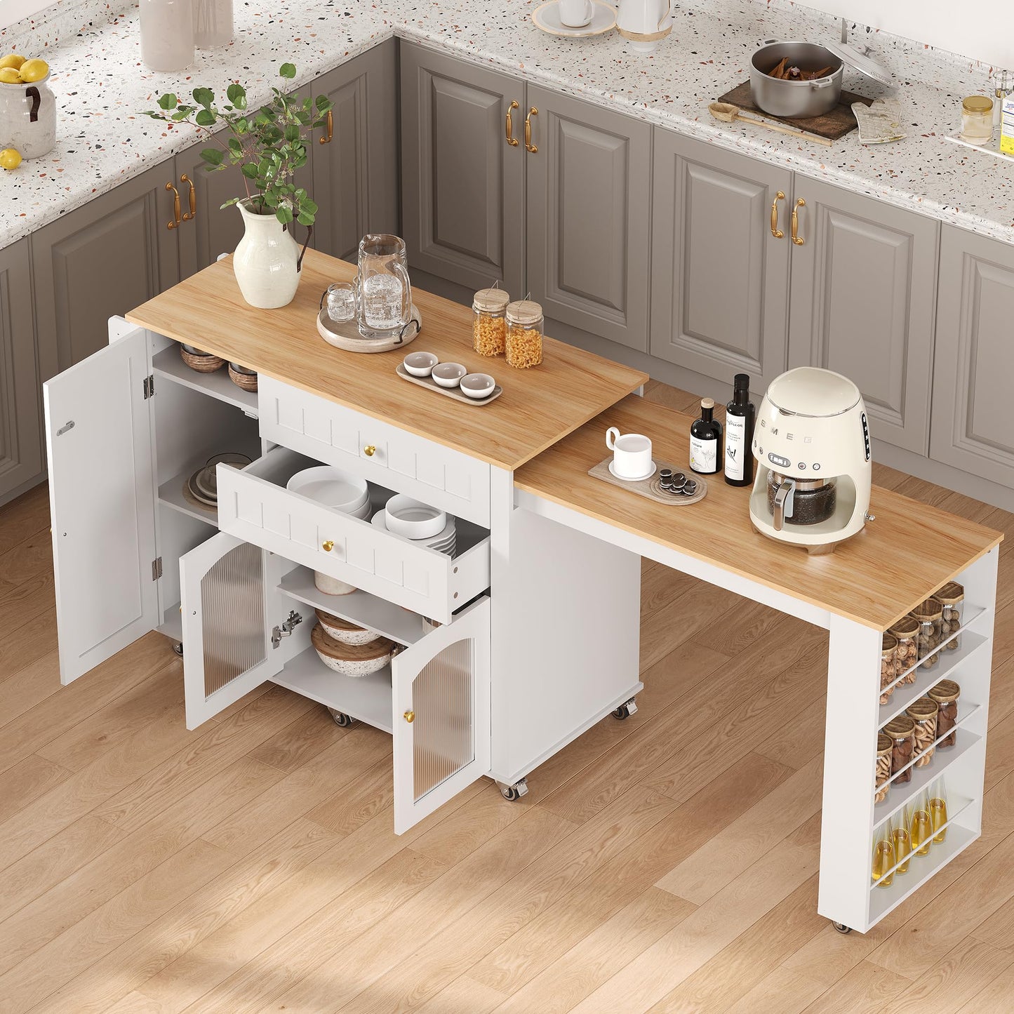 Garvee 78.3” Rolling Kitchen Island with Extendable Table, Storage Cabinet, Drawers & Shelves, White Modern Mobile Island Cart on Wheels, Island Table with Seating for Kitchen, Dining Room, Home Bar
