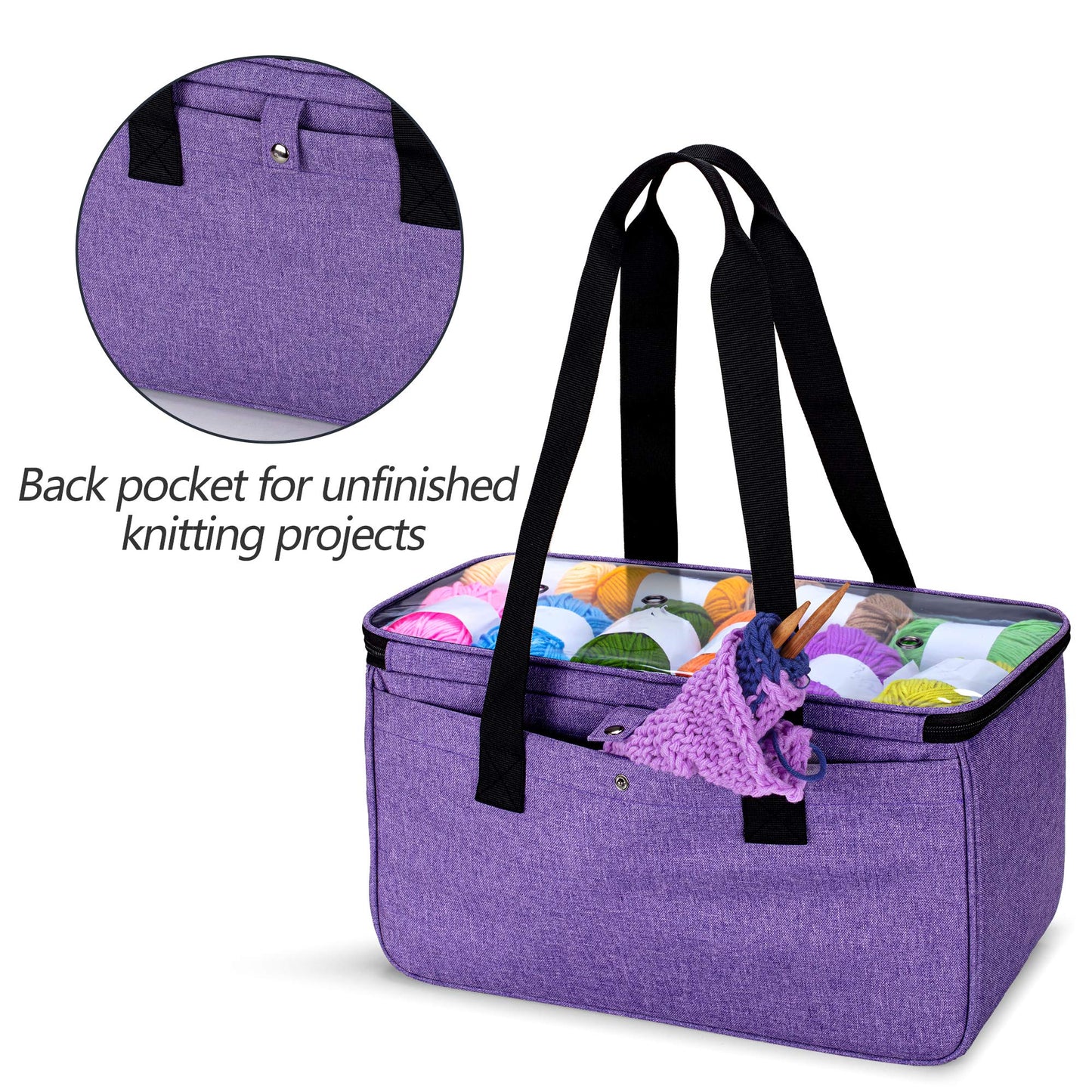 Yarwo Knitting Yarn Bag, Crochet Tote with Pocket for WIP projects, Knitting Needles(Up to 14”) and Skeins of Yarn, Christmas & New Beginnings Gifts for Women, Purple (Bag Only)
